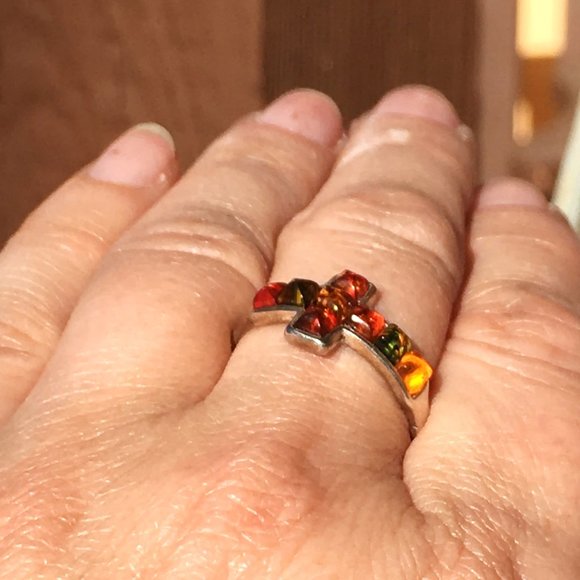 Baltic Amber Multicolor Cross Ring .925 Sterling Silver Genuine Gemstones - Picture 4 of 15